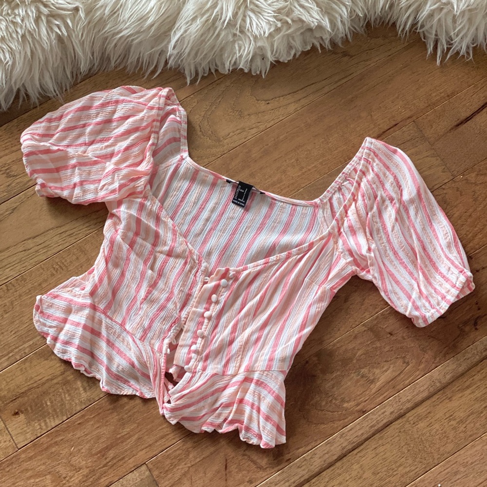 Pink Peasant Top Button Up Puff Sleeve Blouse